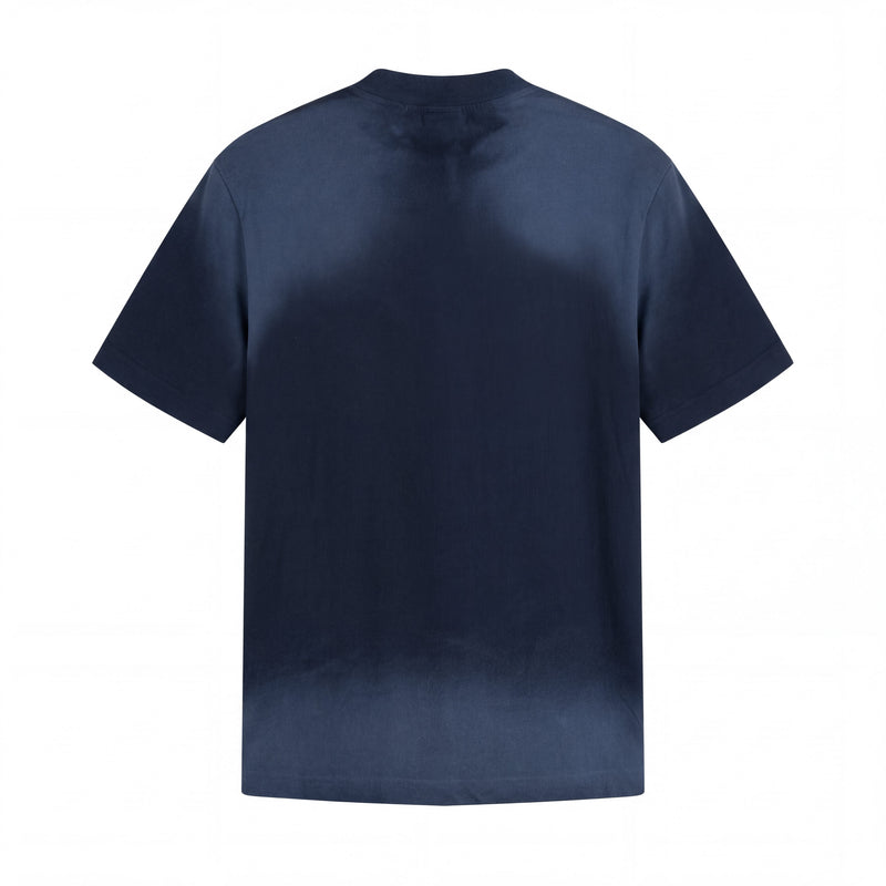 Navy blue distressed graphic tee with vintage wash and oversized back view streetwear fit