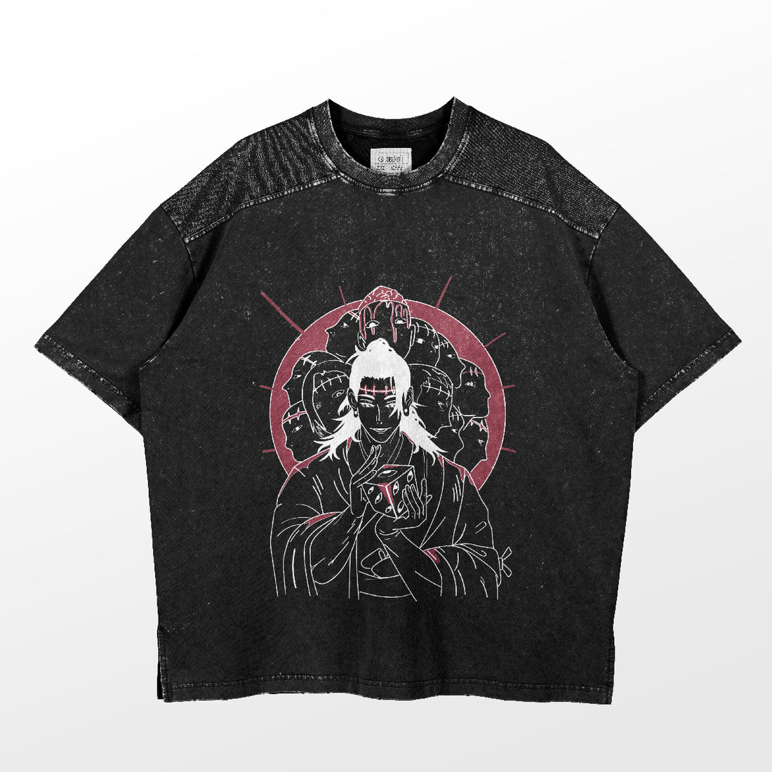 This Geto Suguru Jujutsu Kaisen Shirt from Jujutsu Kaisen features a line art illustration of a white-haired character in ninja attire. It includes red circular design elements, additional characters, and a speckled pattern for a relaxed fit.