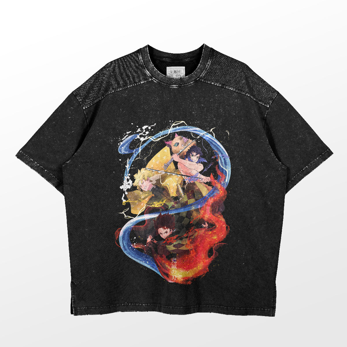 The Demon Slayer Heroes United T-Shirt by Demon Slayer features an anime-style design with Tanjiro, Zenitsu, Inosuke, and Nezuko against a dark background with swirling blue and red; it has textured shoulders and a collar tag.