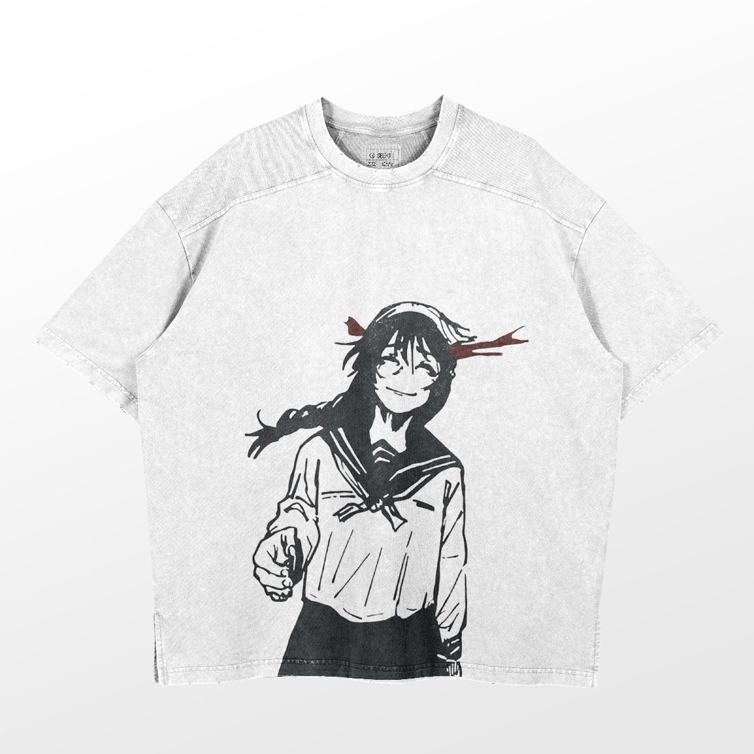 The Jujutsu Kaisen Riko Amanai Vintage Oversized T-Shirt showcases a white distressed design with a black and white anime character in a sailor uniform, smiling with eyes closed. Red hair and eye accents enhance the boldness of this streetwear piece.