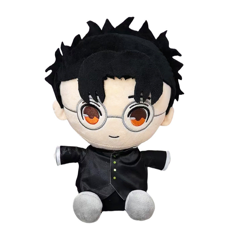 The Dandadan Anime Plush Set features a 26cm plush doll of a character with spiky black hair, round glasses, and bright eyes. It wears a black outfit with buttons and gray legs. Made from soft fabric with high-quality PP cotton filling, it&