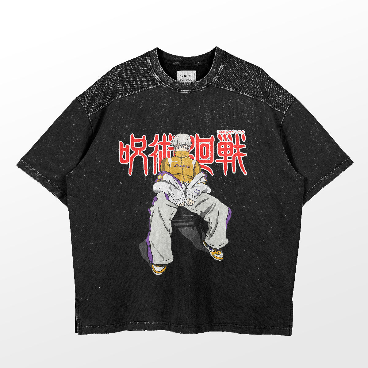 The Cool Toge Inumaki Jujutsu Kaisen T-Shirt by Jujutsu Kaisen features an anime character in a yellow top and baggy pants, sitting cross-legged. With red Japanese text and textured, slightly faded fabric, it&