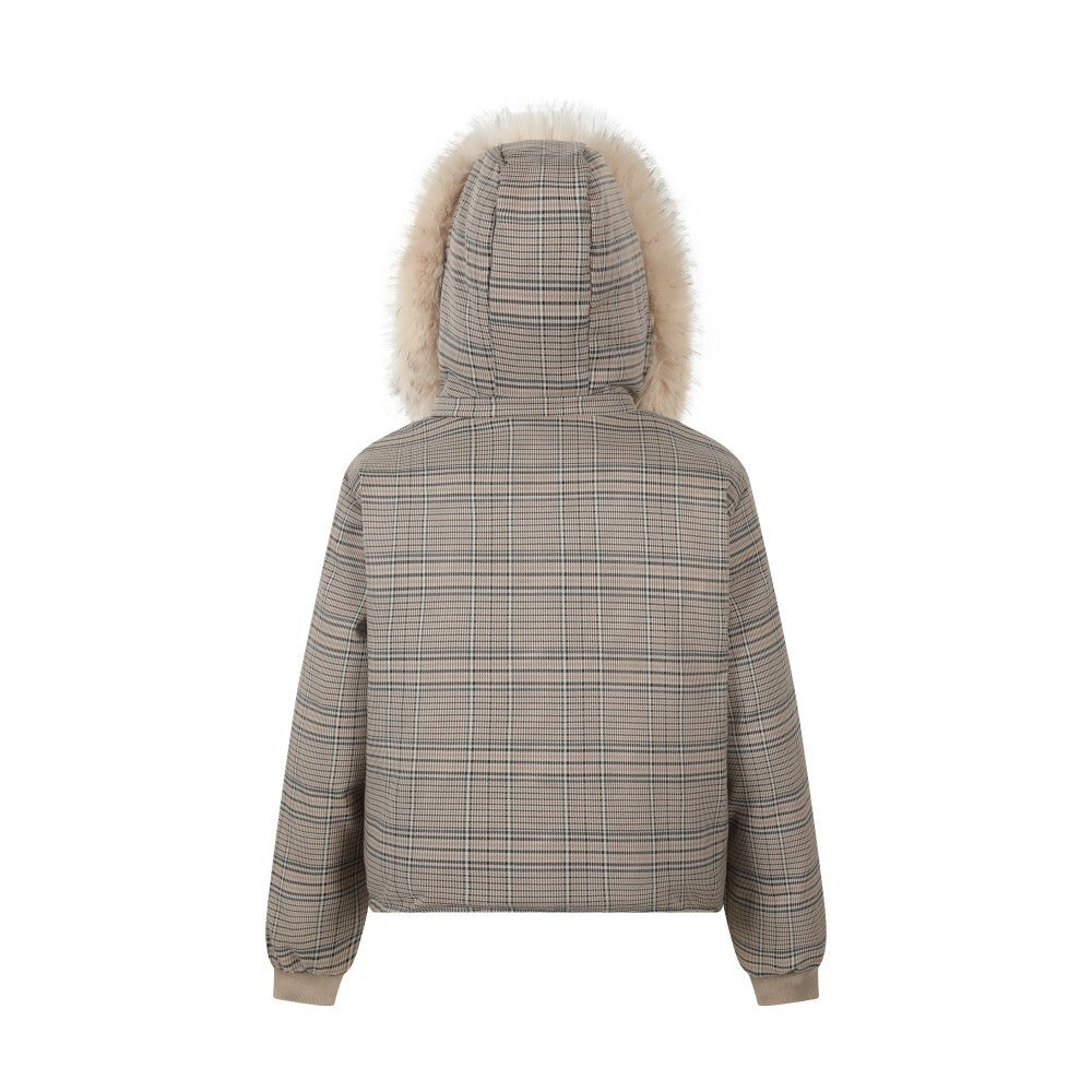 Reversible Plaid Faux Fur Hooded Puffer Jacket | SEAKOFF