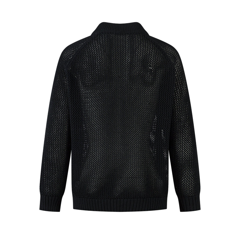Black mesh knit track jacket, back view with ribbed collar and hem