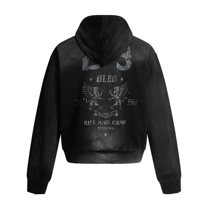 Back view of washed black zip-up hoodie with large faded graphic print and hood