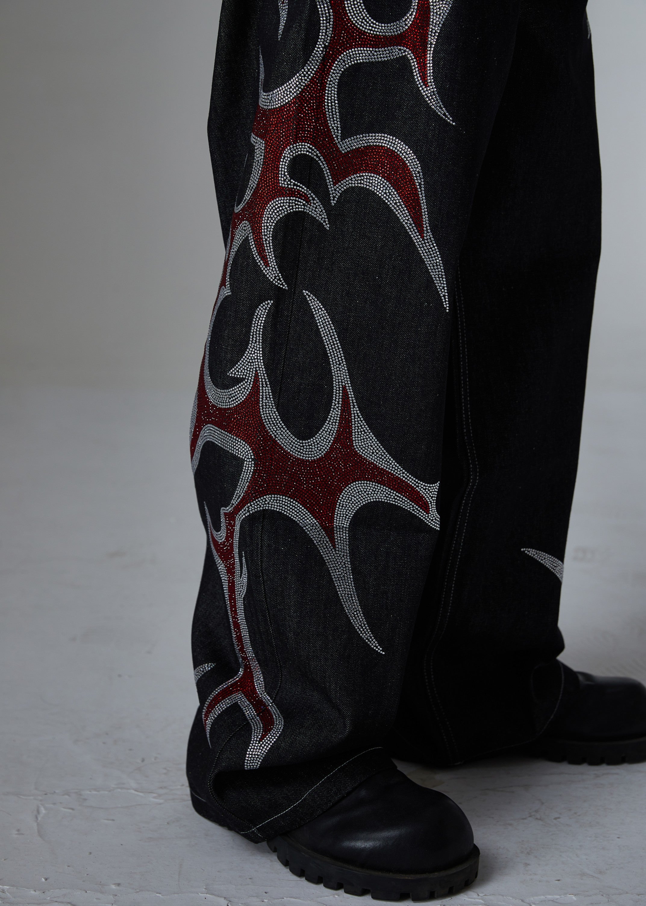 Omirad Tribal Flame Rhinestone Wide-Leg Denim Pants