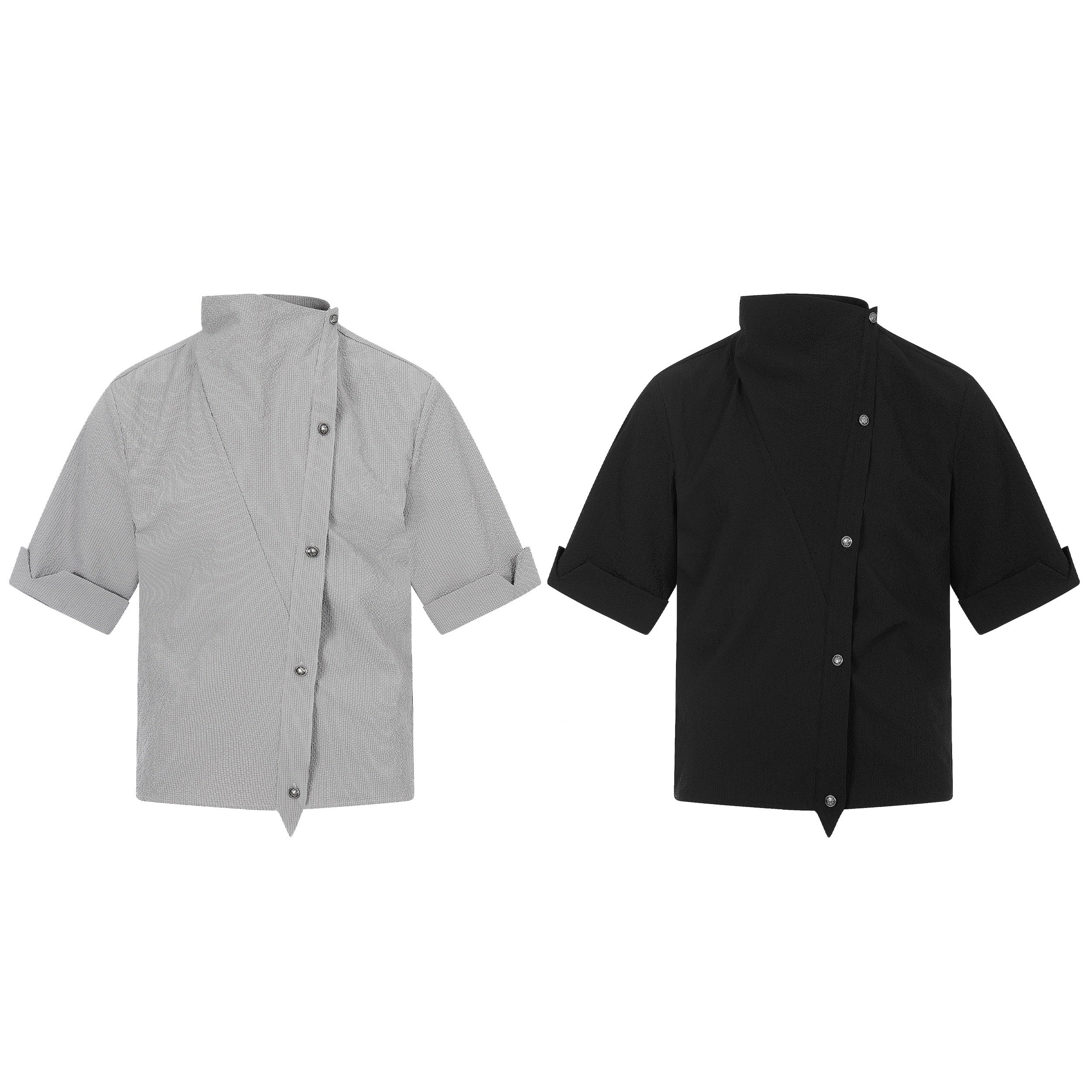 Omirad asymmetrical stand-collar cotton shirt in grey and black with diagonal button placket and rolled sleeves