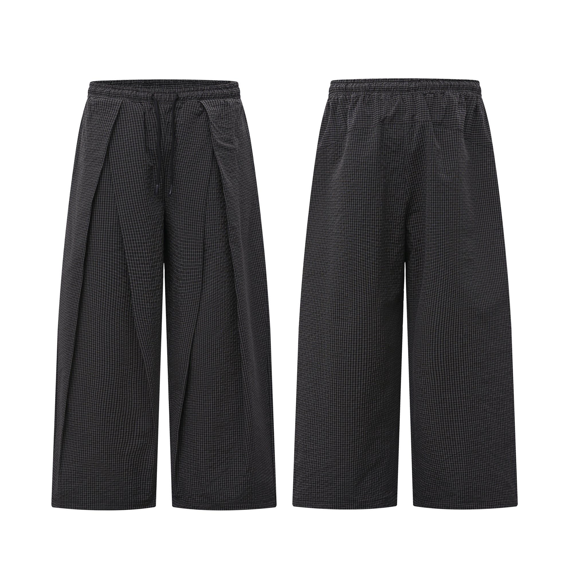 Front and back view of dark charcoal wide-leg pleated pants with check texture and elastic drawstring waistband