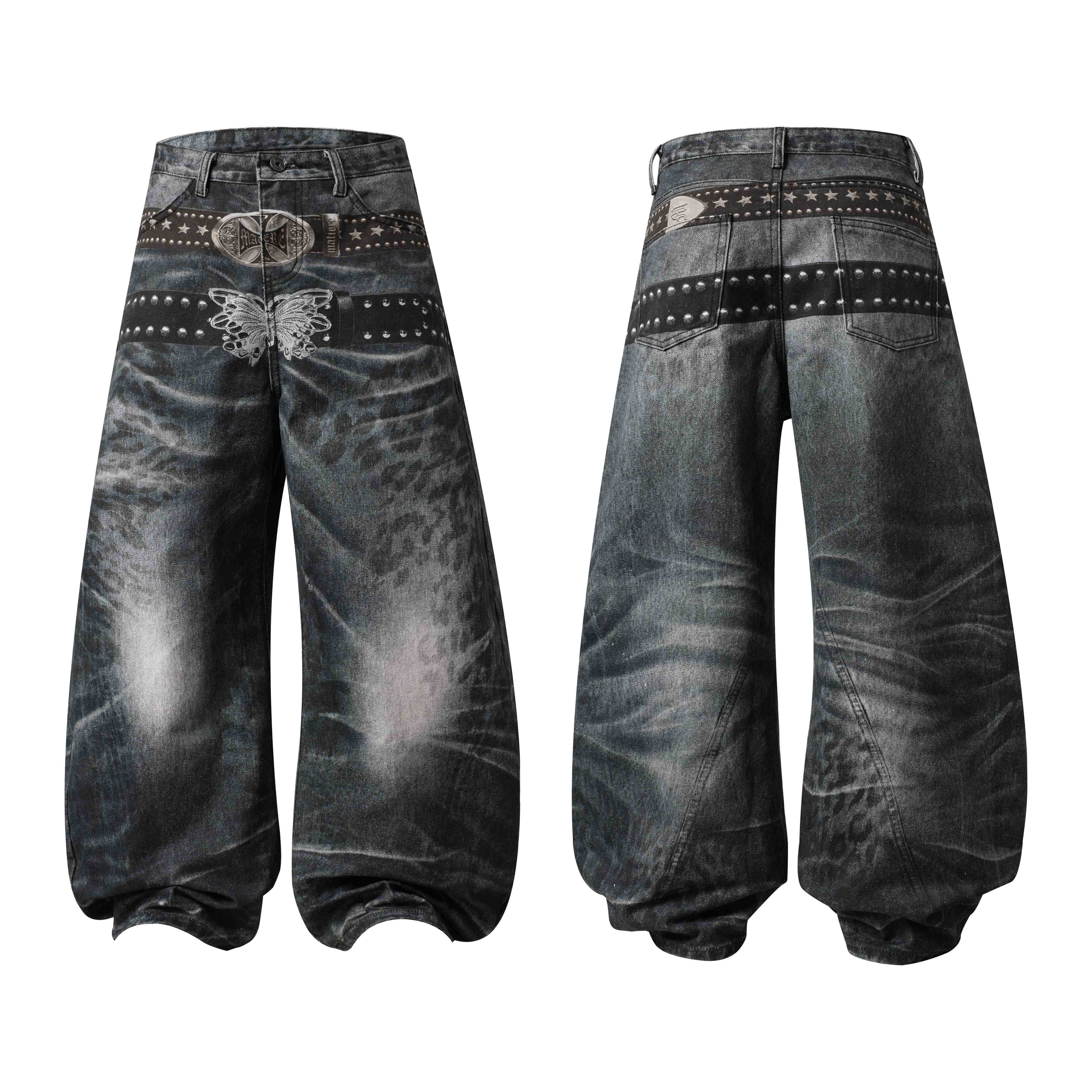 Front and back view of dark washed wide-leg jeans with studded panels, butterfly graphic, and iron-cross buckle detail