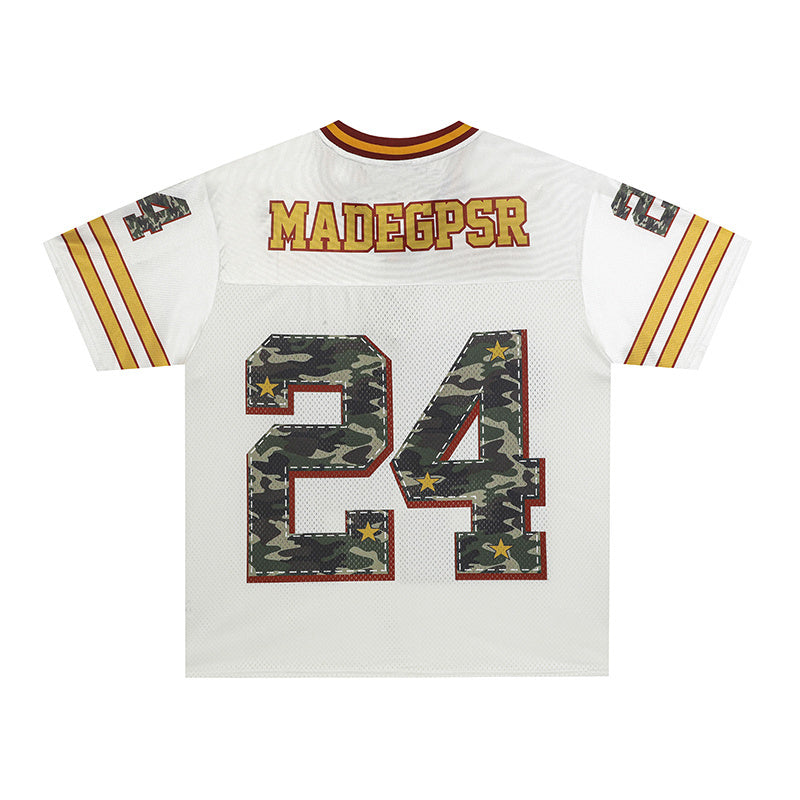 White Seakoff varsity football jersey with camo number 24, maroon and gold stripes, and MADEGPSR lettering