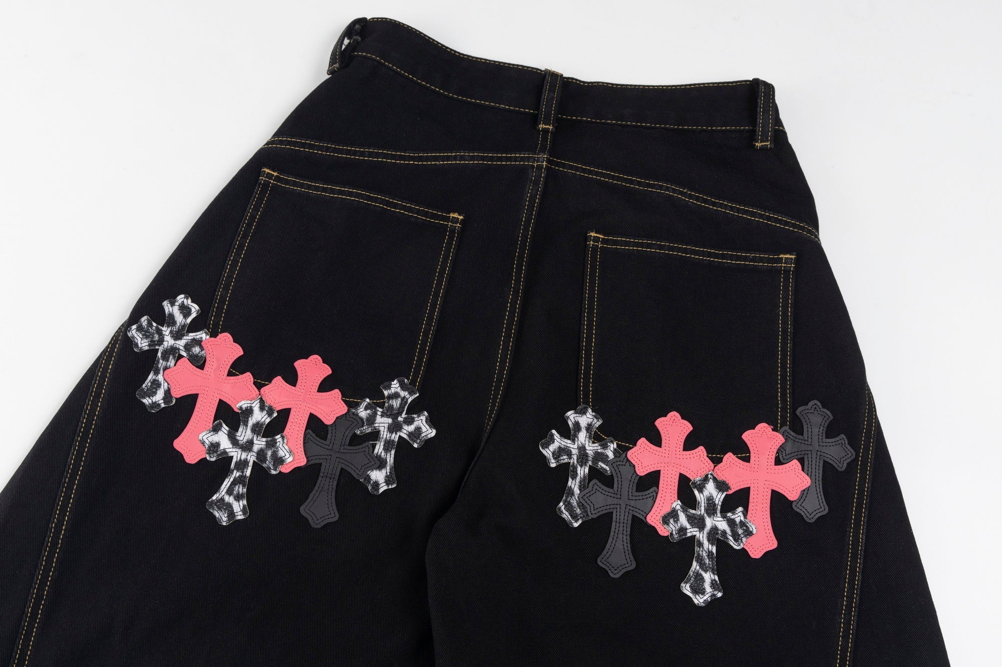 Gothic Cross Wide-Leg Jeans | Black Denim with Cross Patches