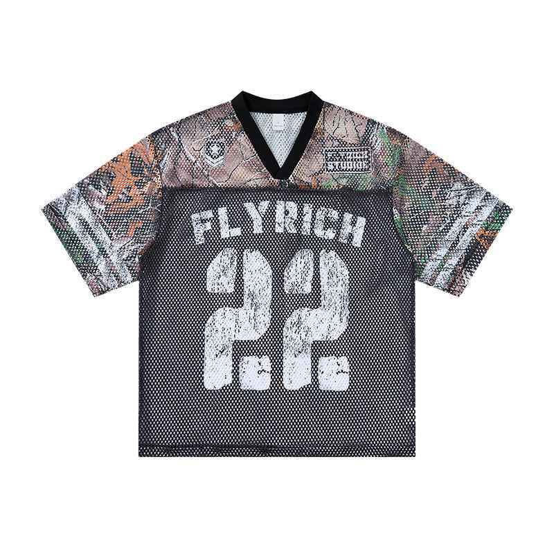 Omirad Fly Rich 22 camo and black mesh jersey t-shirt with distressed number graphic, front view