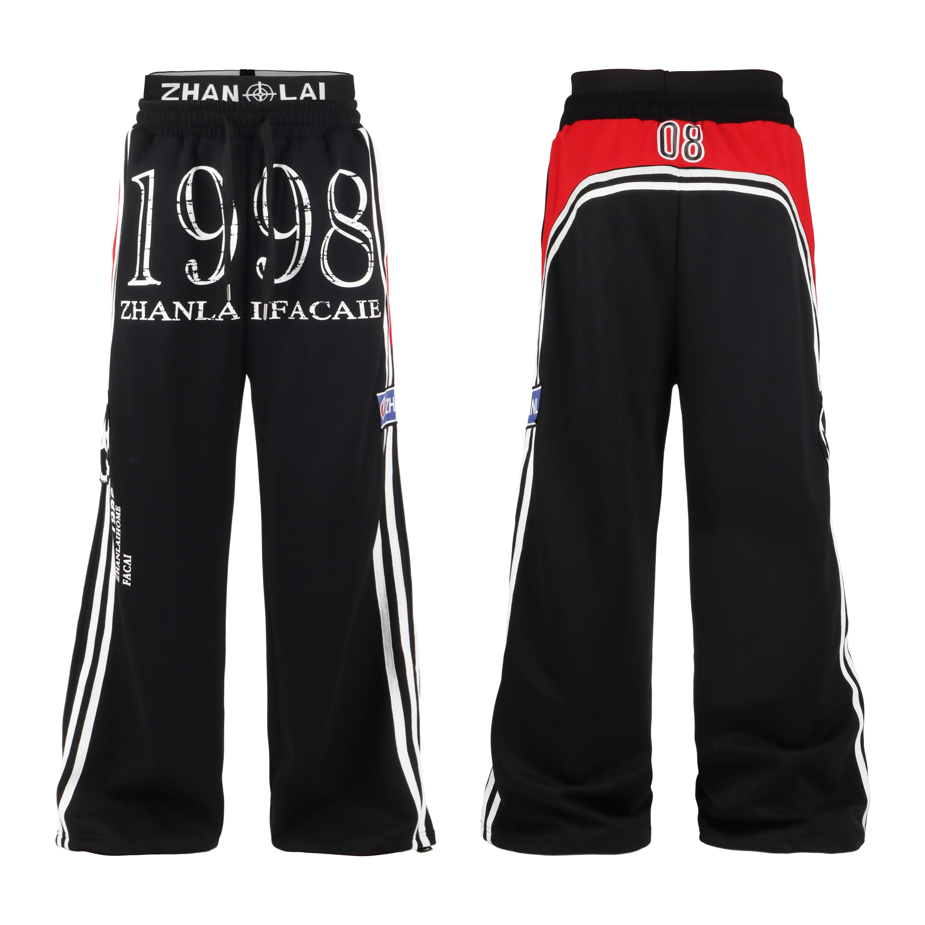 Front and back view of black wide-leg track pants with 1998 varsity print, white side stripes and red contrast back panel