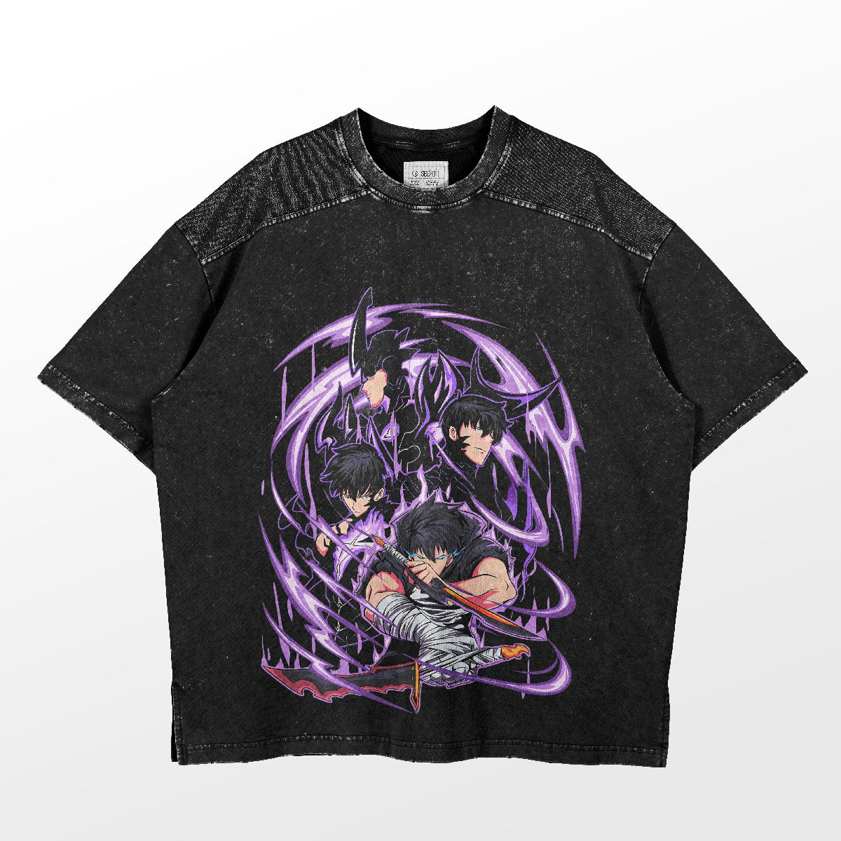 The Solo Leveling-Inspired Graphic T-Shirt features the Sung Jinwoo Shadow Evolution design with anime-style characters, swirling purple and black elements, a vintage washed black look, and textured sleeves, made by the Solo Leveling brand.