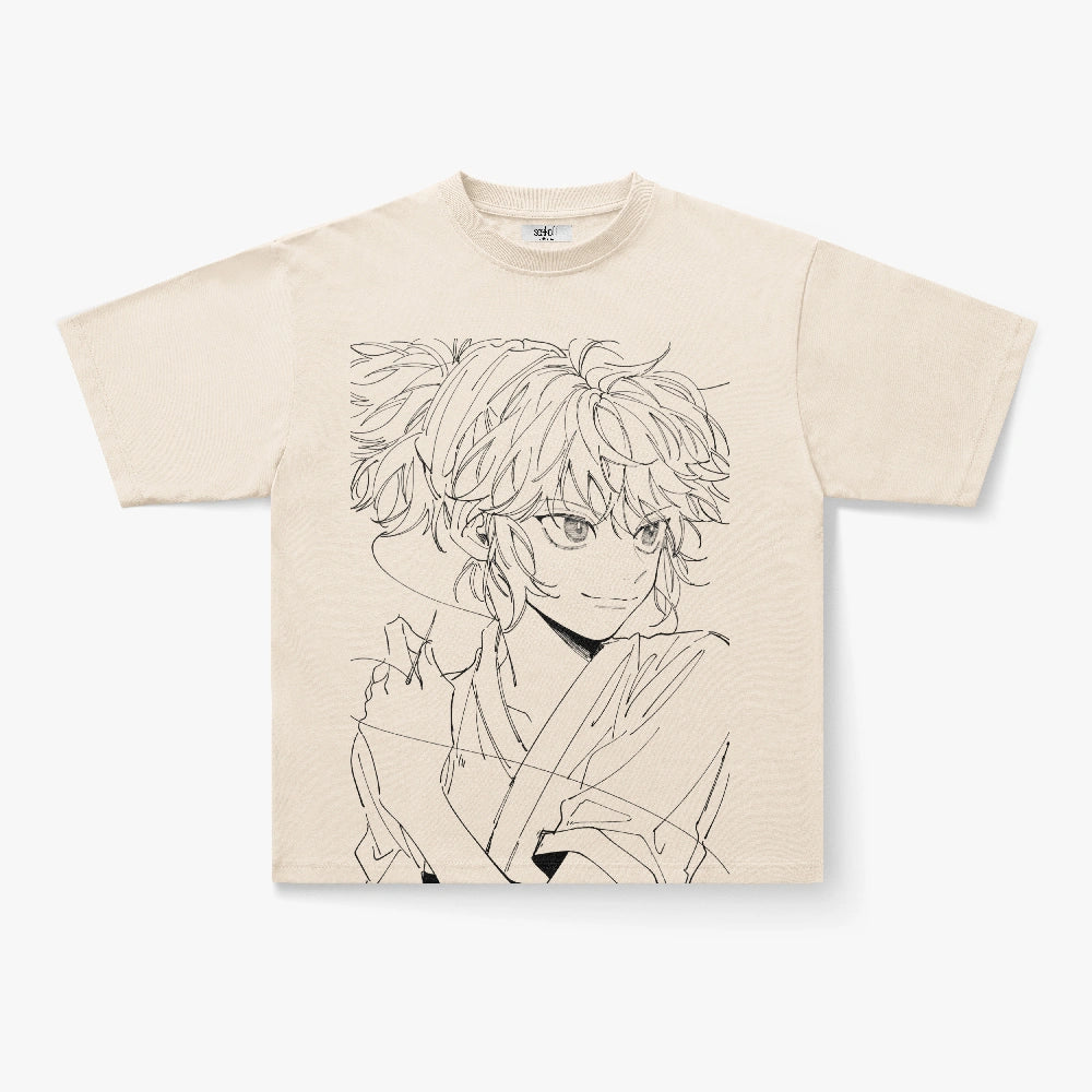 Anime Sketch Line Art Graphic Oversized Cream T-Shirt