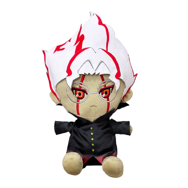 The Dandadan Anime Plush Set features a 26cm collectible doll made with high-quality PP cotton. It has spiky white hair with red streaks, round glasses, a stylish black outfit with yellow buttons, and red-striped facial details, all sitting upright against a plain white background.