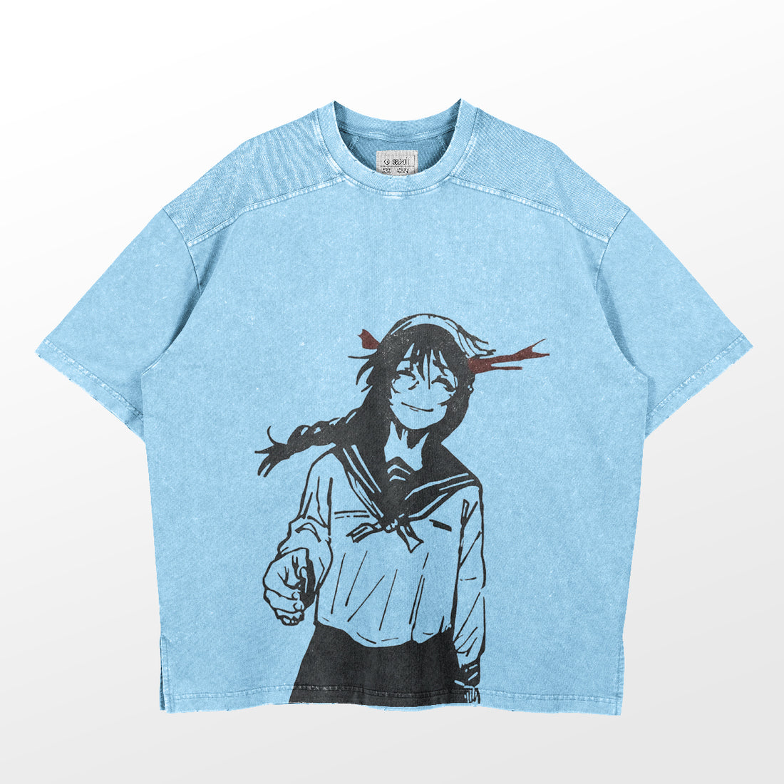 The Jujutsu Kaisen Riko Amanai Vintage Oversized T-Shirt in White Distressed Anime Streetwear features a black graphic of a smiling character with long hair and a sailor outfit. This short-sleeved, round-neck piece adds vintage flair to any anime streetwear collection.