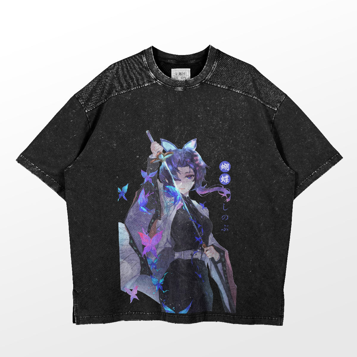 Introducing the Shinobu Kocho Butterfly Dance T-Shirt by Demon Slayer: this black oversized tee features a vibrant anime character with flowing hair and butterflies, inspired by Shinobu Kocho from Demon Slayer, complete with a sword-wielding figure, Japanese text, and speckled shoulder texture.