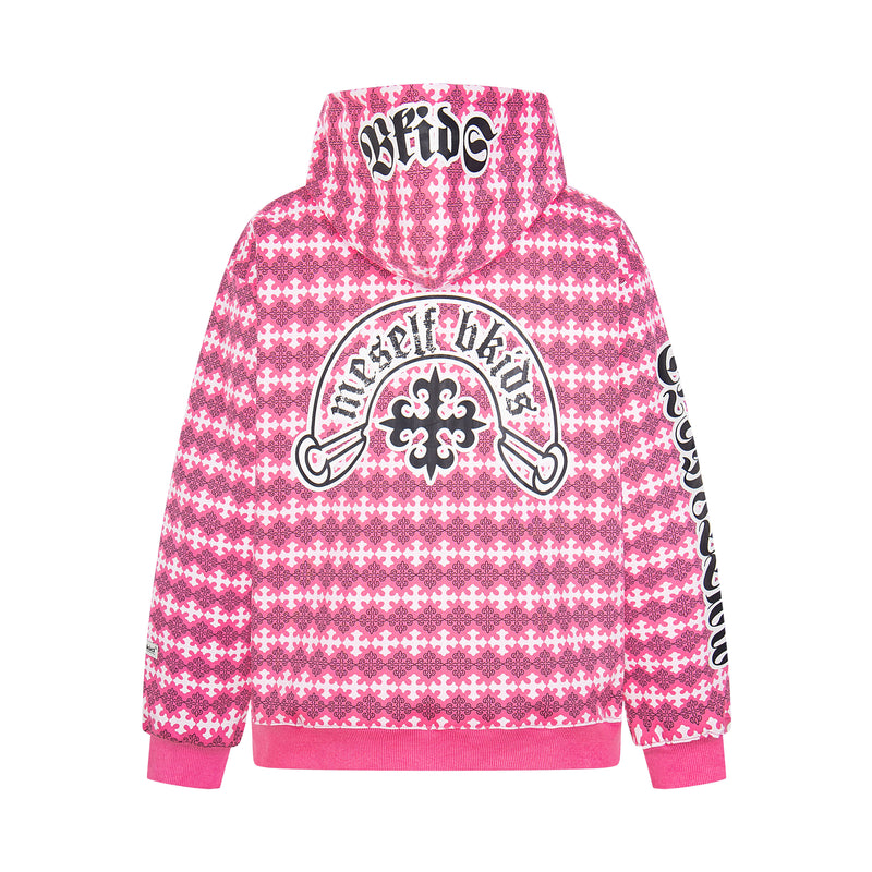 Pink full-zip hoodie with large back cross graphic and hood view