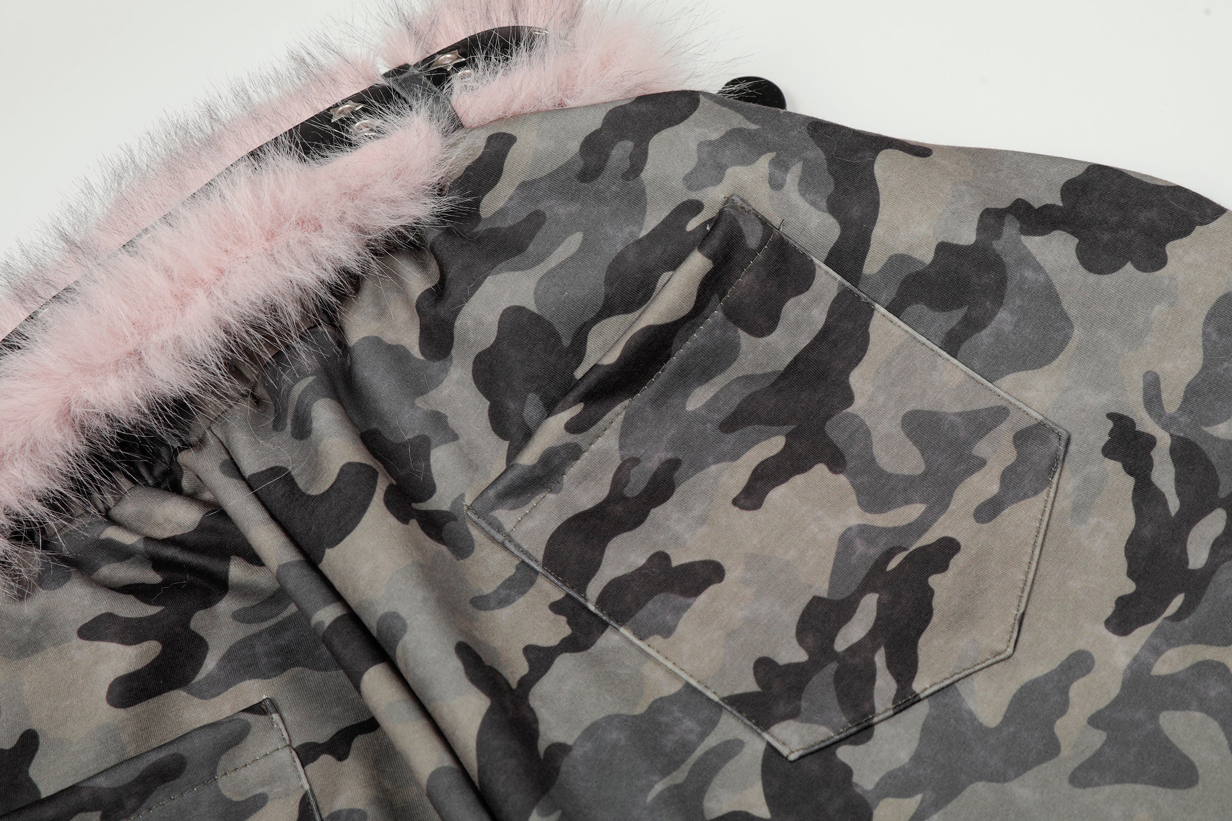 Camo Wide-Leg Pants with Pink Faux Fur Trim & Studded Belt