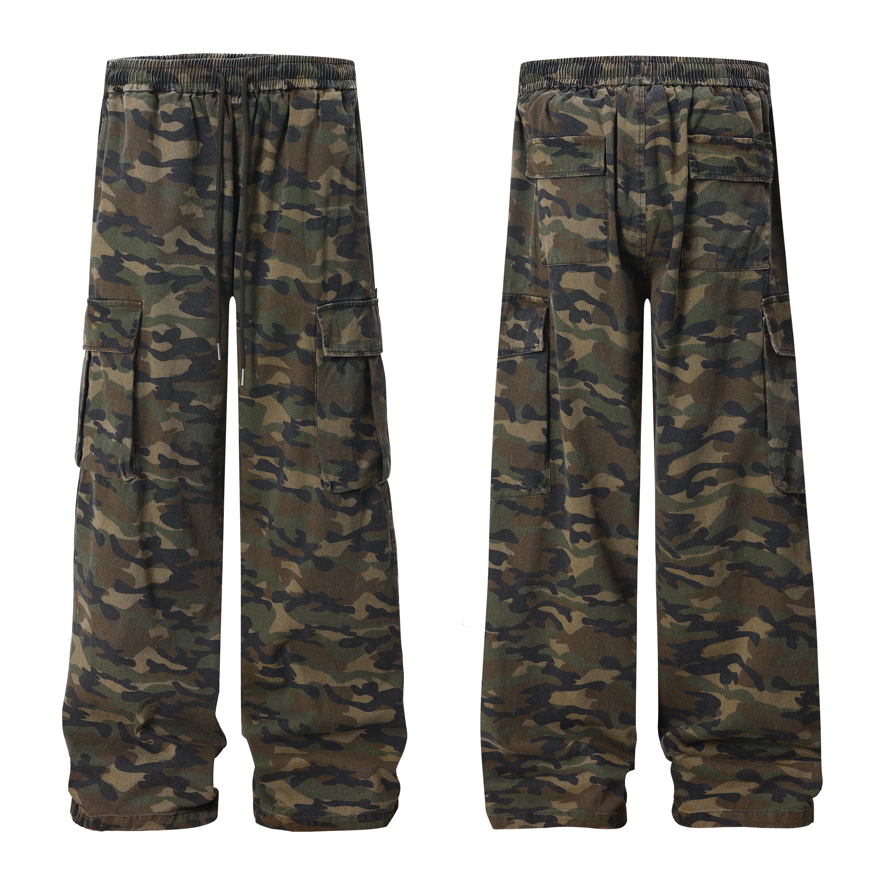 Men's woodland camo wide-leg cargo pants with oversized side pockets and elastic drawstring waist, front and back view