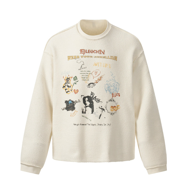 Cream textured sweatshirt with collage-style graphic print on the front