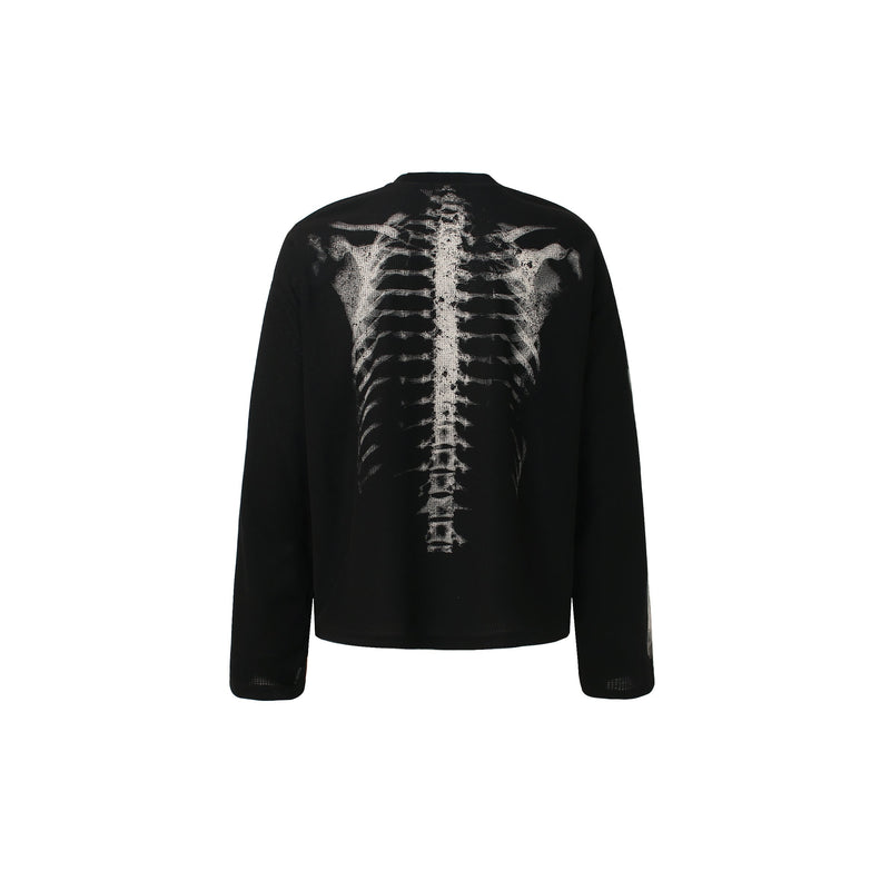 Back view of black long sleeve tee with white skeleton x-ray print down the spine