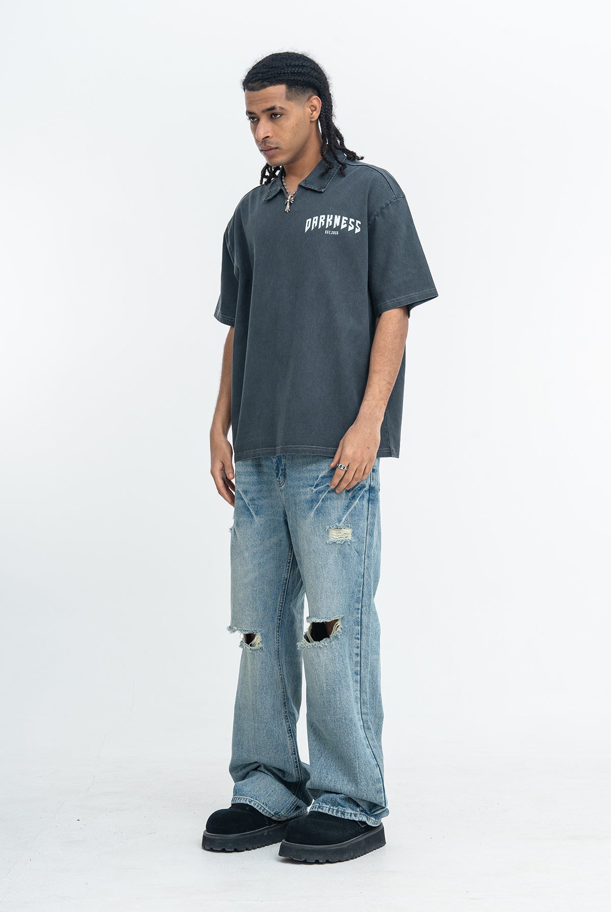 Omirad Darkness Spine Skeleton Graphic Washed Polo Shirt
