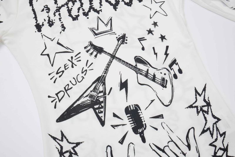 Close-up of white top front graphic with guitars, microphone, stars and text