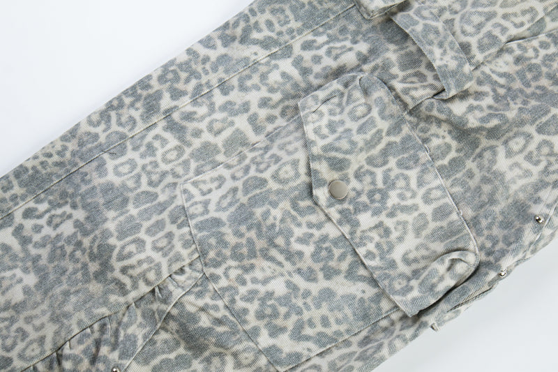 Leopard Print Utility Wide-Leg Cargo Pants with Rivets