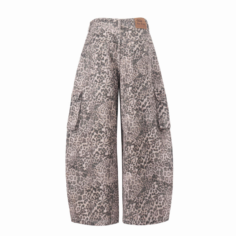 Leopard print wide-leg cargo jeans, back view with rear pockets and logo patch