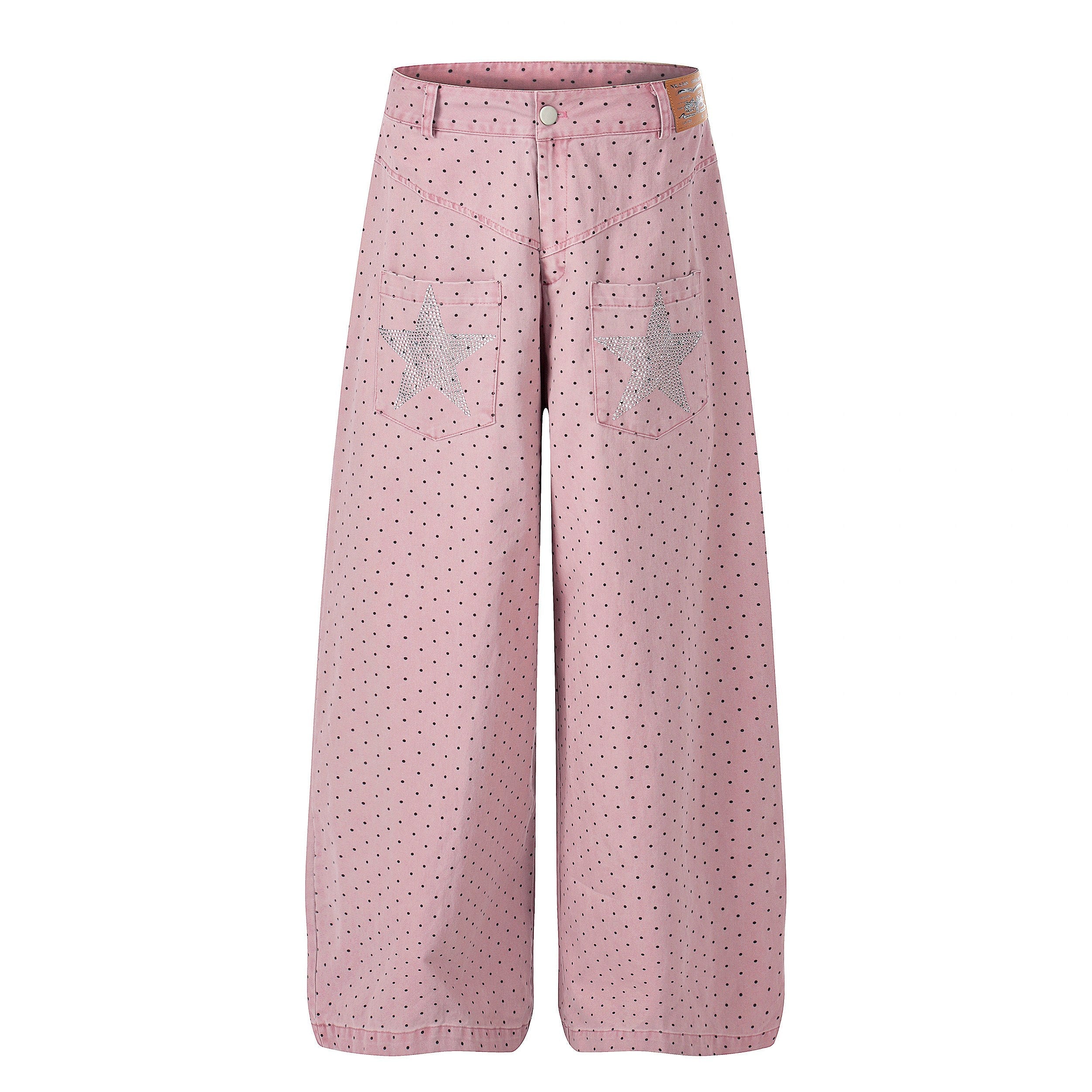 Polka Dot Wide-Leg Pants with Rhinestone Star Detail