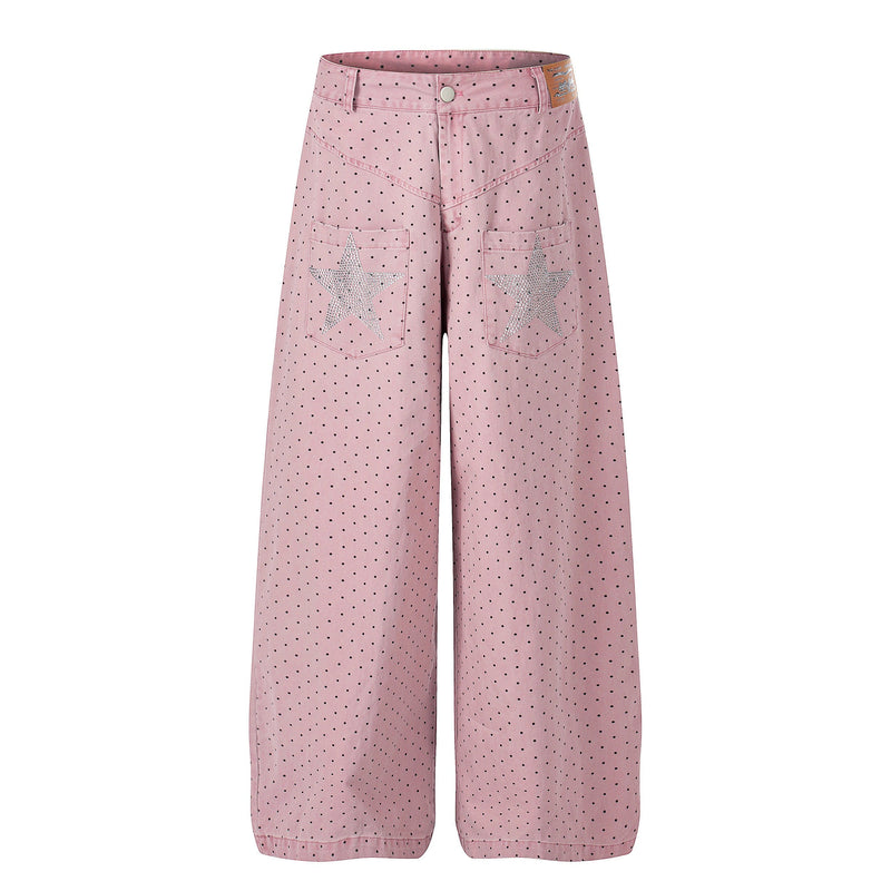 Front view of pink polka dot wide-leg pants with rhinestone star pockets