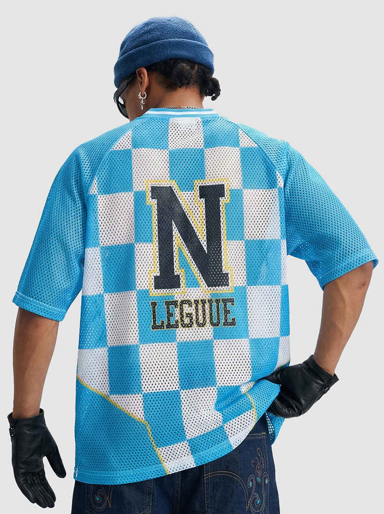 Blue checkerboard mesh jersey T-shirt with large N League graphic on the back and oversized sporty fit