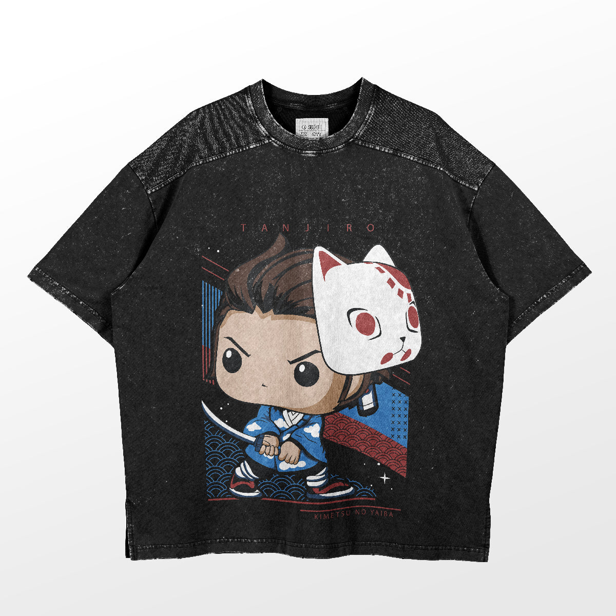 The Demon Slayer Funko Pop Inspired Tanjiro T-Shirt features a cartoon character with brown hair holding a sword, wearing a white fox mask against a vibrant red and blue Japanese-patterned background, perfect for fans of Demon Slayer merchandise.