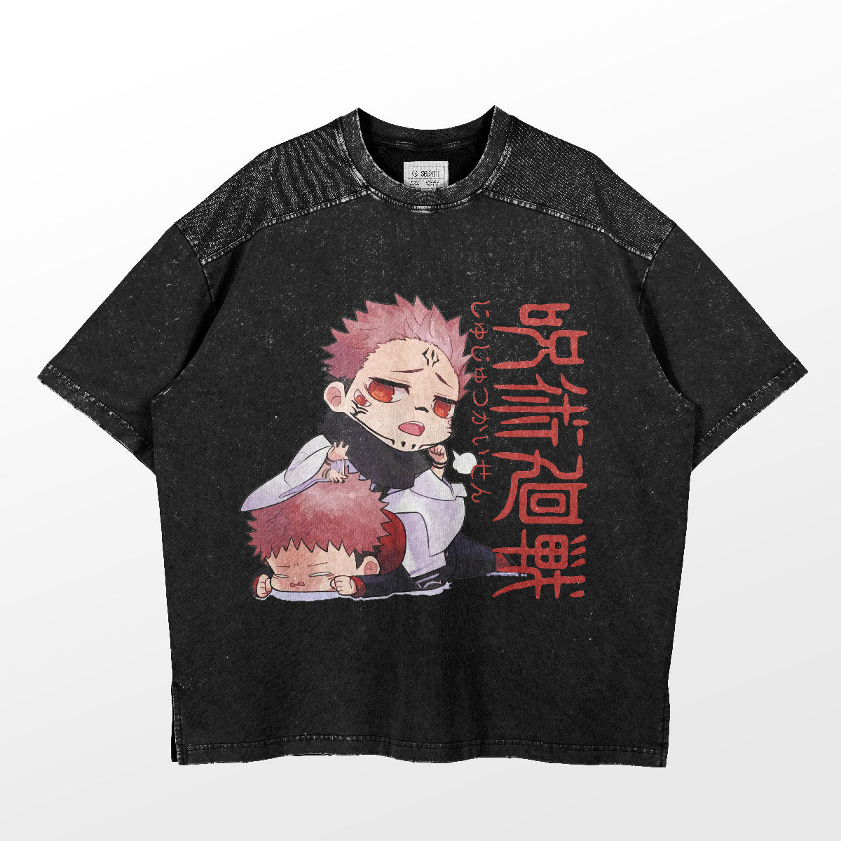 The Jujutsu Kaisen Sukuna and Yuji Chibi T-Shirt by Jujutsu Kaisen features an anime-style illustration with a spiky-haired character holding a red object, face markings, and a white and black outfit. Bold red Japanese text completes the design on this black tee.