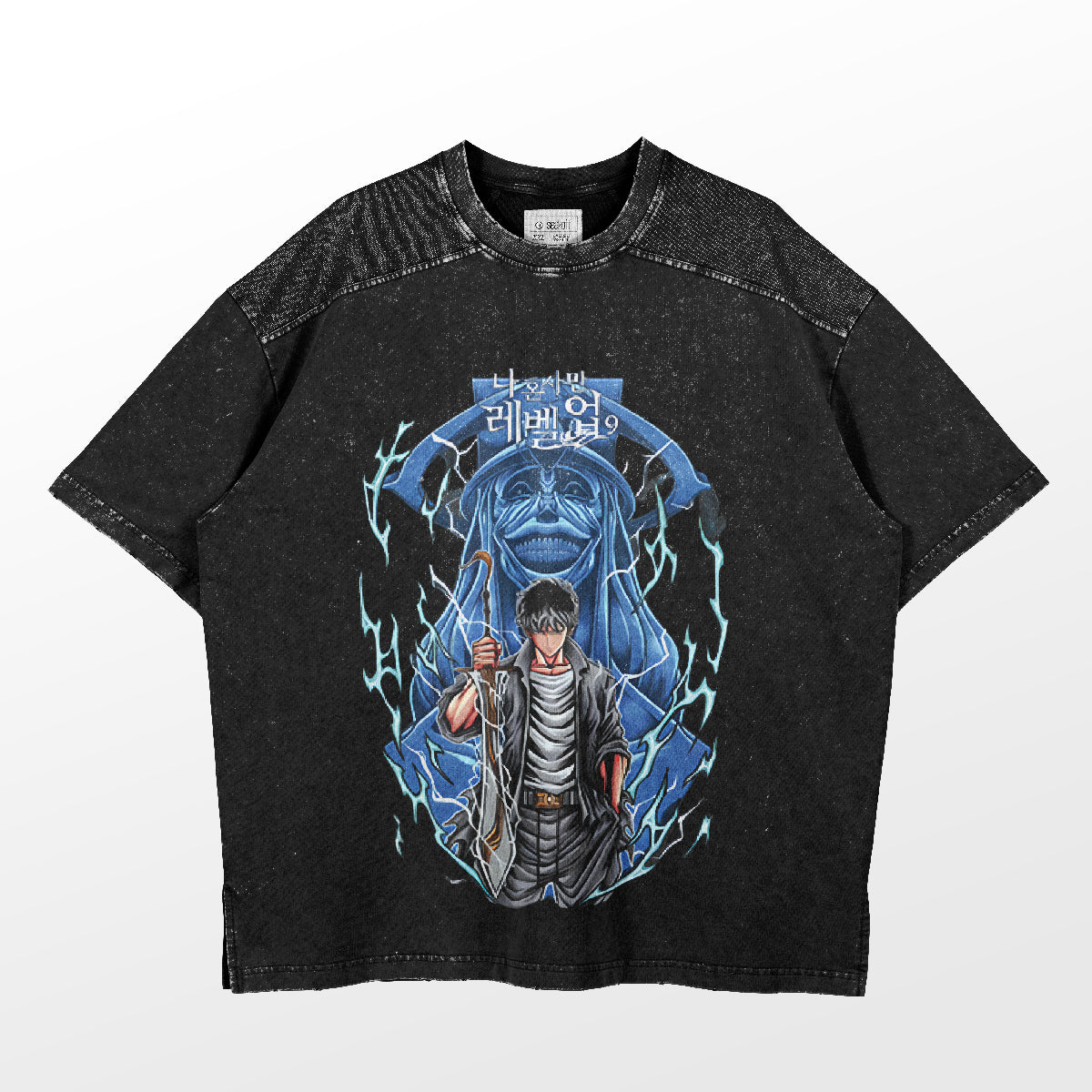 The Solo Leveling Sword Master T-Shirt by Solo Leveling features an intense anime graphic of a sword master with a blade against a mystical blue background and Korean text, centered on the front.