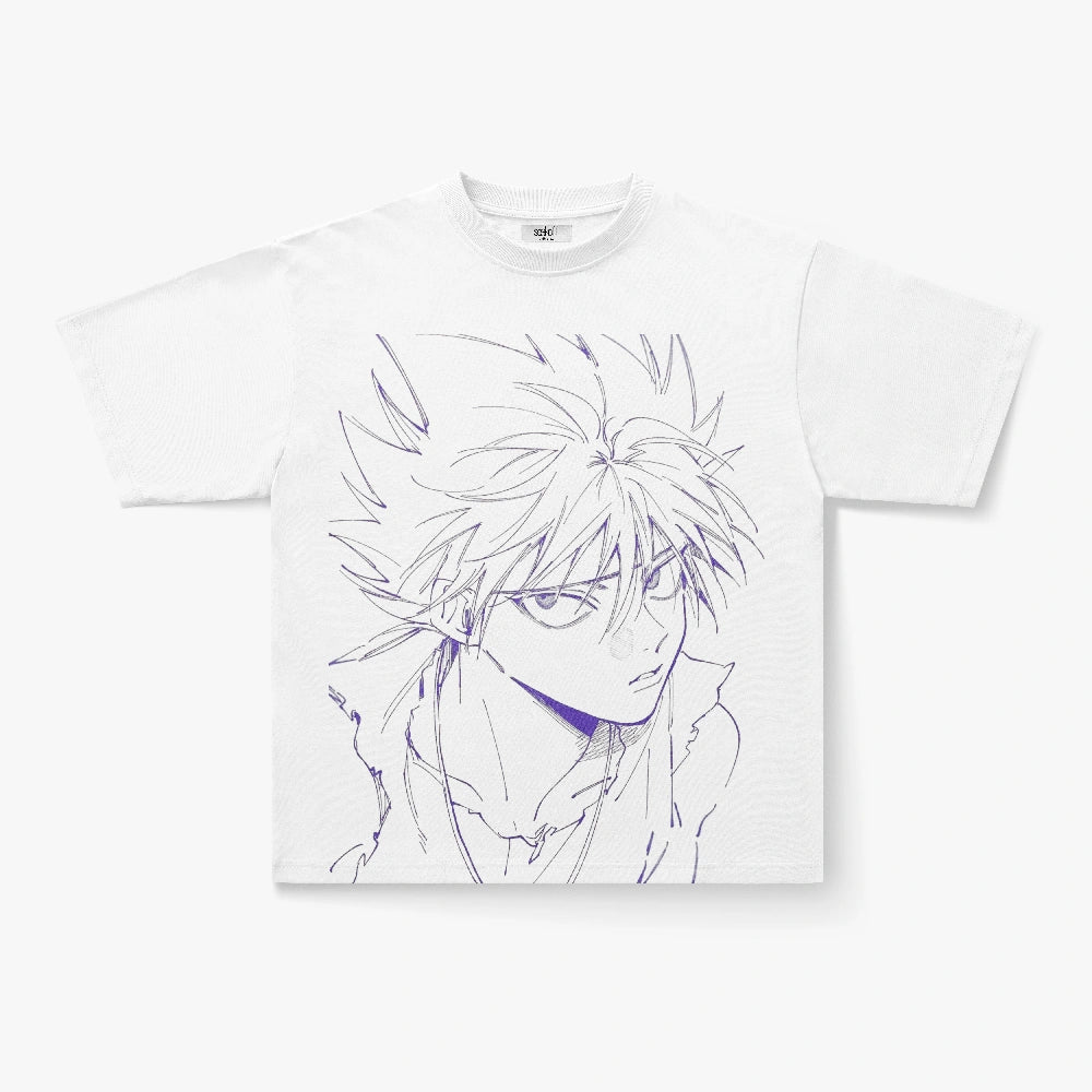 Anime Manga Line Art Portrait Oversized Graphic T-Shirt in White
