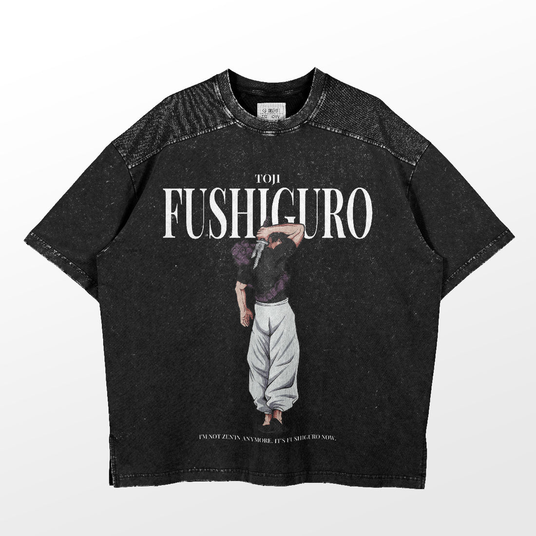 The Jujutsu Kaisen Toji Fushiguro Vintage Oversized T-Shirt in Distressed Black features a character in dynamic casual attire. &quot;FUSHIGURO&quot; text above pays homage to Toji Fushiguro, with intricate details below, making it perfect for streetwear enthusiasts.