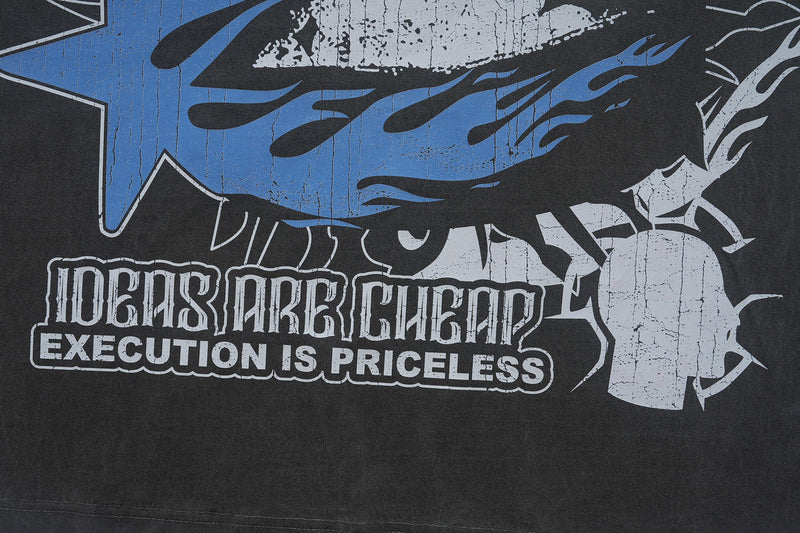 Vintage washed black graphic T-shirt with bold blue and white distressed print reading Dead or Alive and Execution Is Priceless