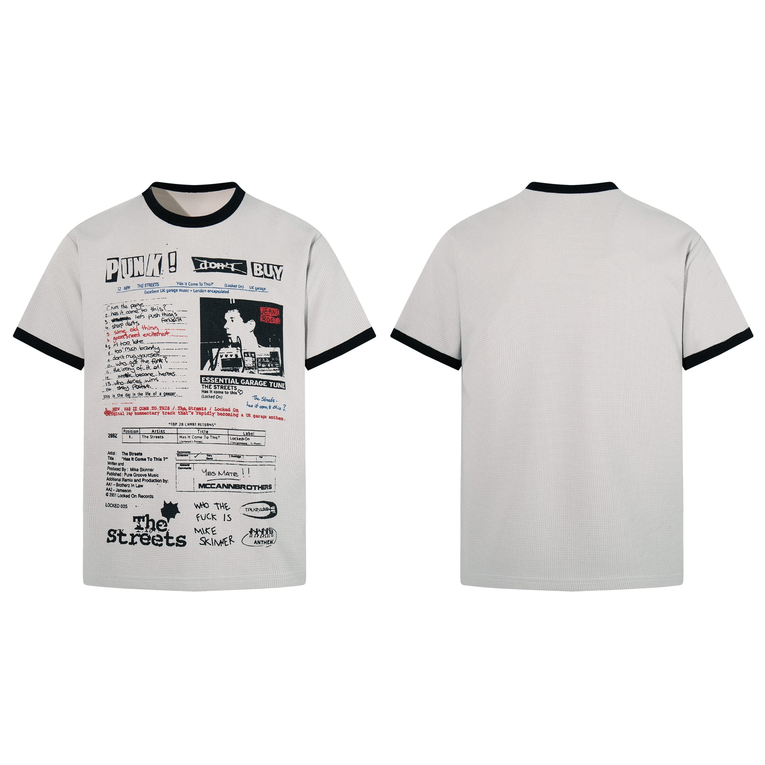 Front and back of a white waffle-knit ringer tee with a punk editorial collage print referencing The Streets, on a plain back