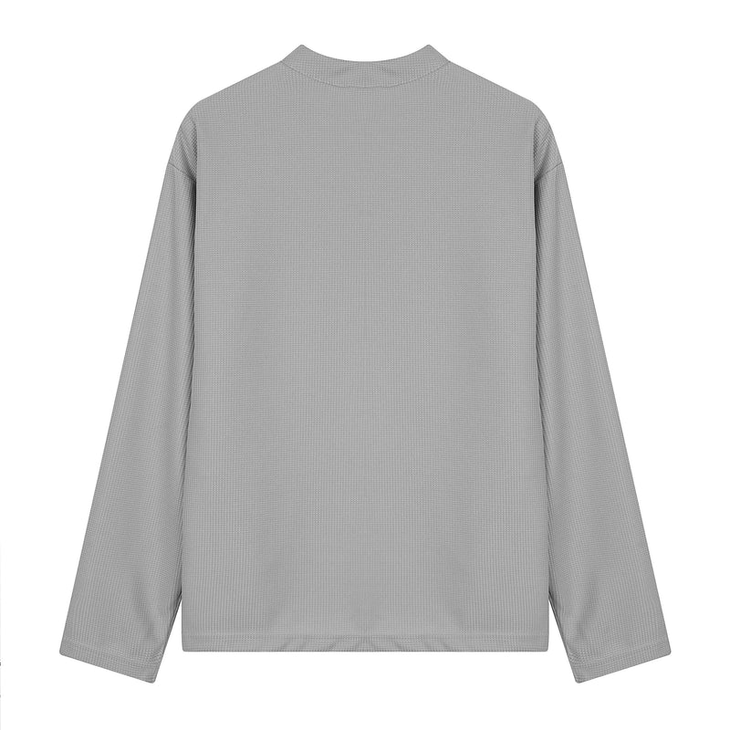 Light gray waffle-knit Henley long sleeve tee, back view without graphics
