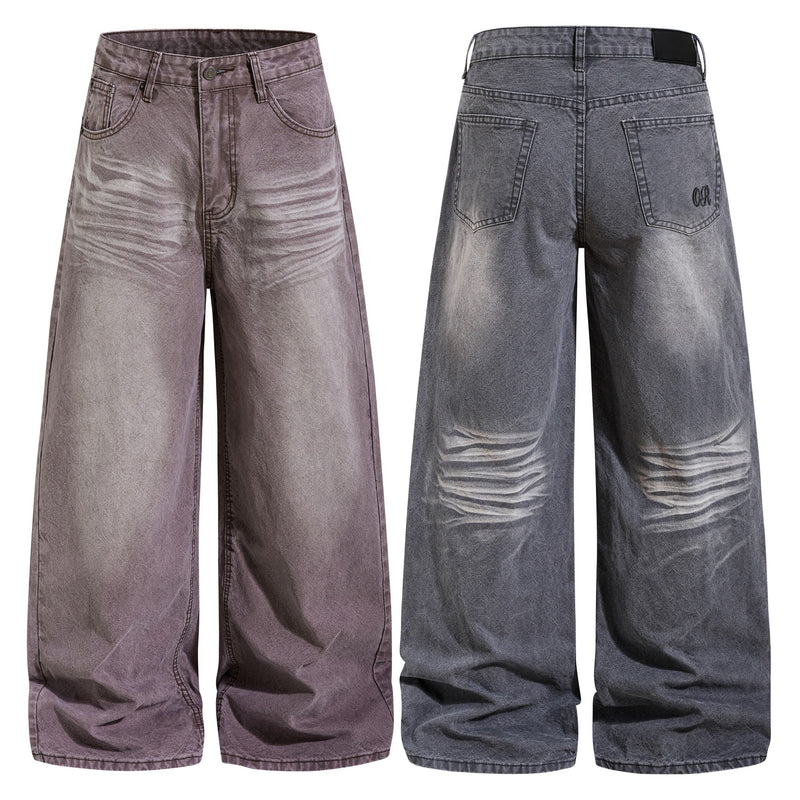 Wide-leg faded denim pants in brown and charcoal, front and back views