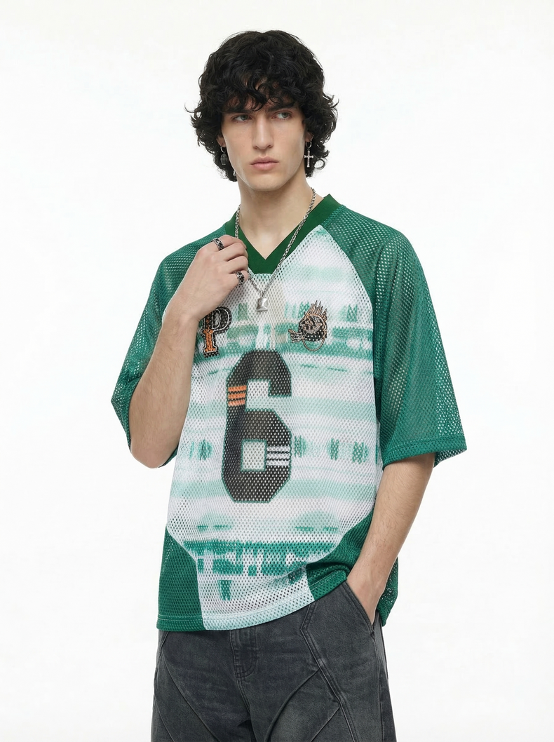 Green mesh jersey T-shirt with oversized number 6 graphic and varsity-style athletic streetwear design