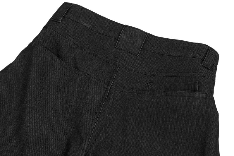 Close-up of back waistband and upper side seam on black wide-leg denim pants