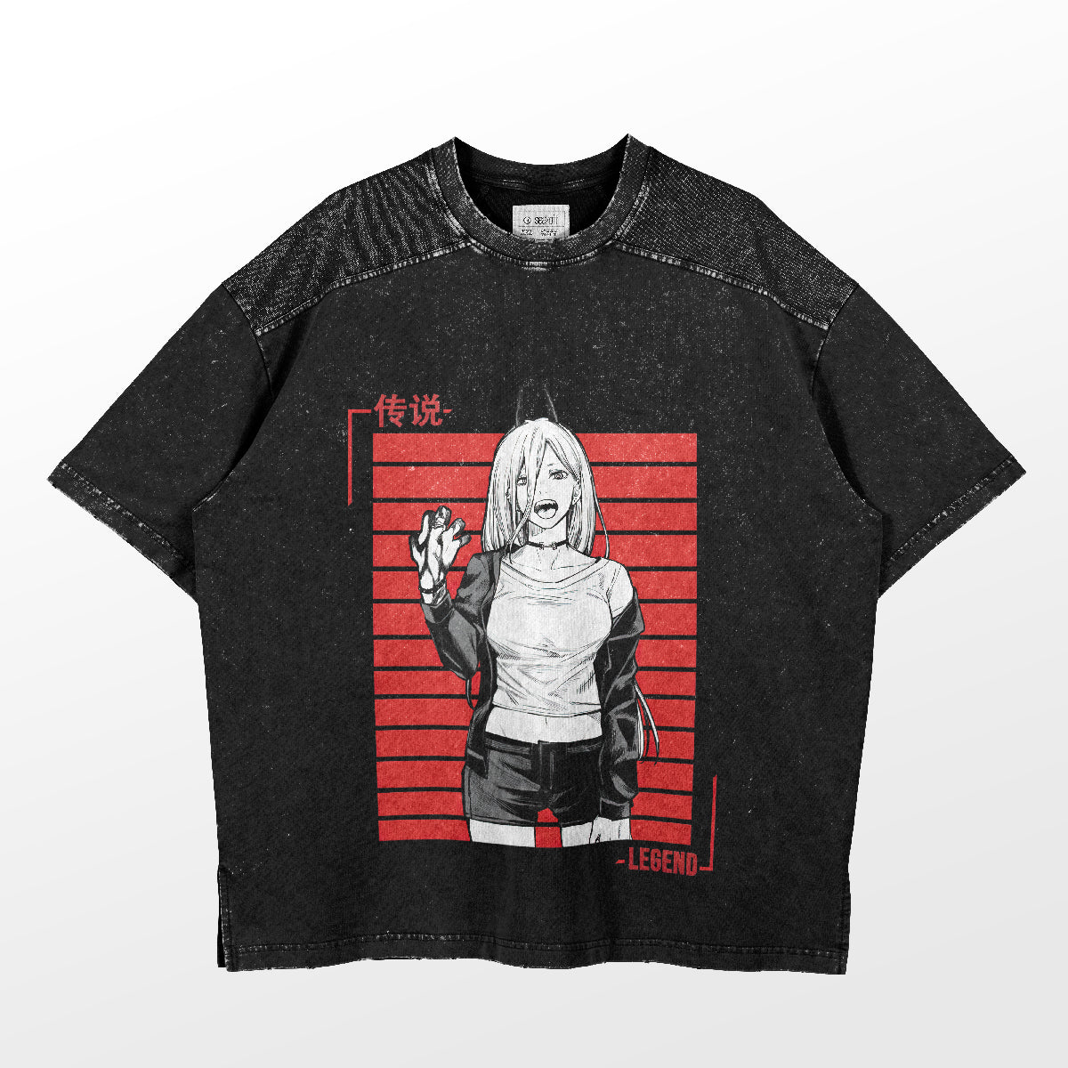 The Chainsaw Man Legend T-Shirt, part of the Chainsaw Man brand collection, is a striking black anime shirt featuring a character with medium hair in a cropped top and shorts. It features red stripes and "LEGEND" on a speckled texture. Made from 100% cotton.