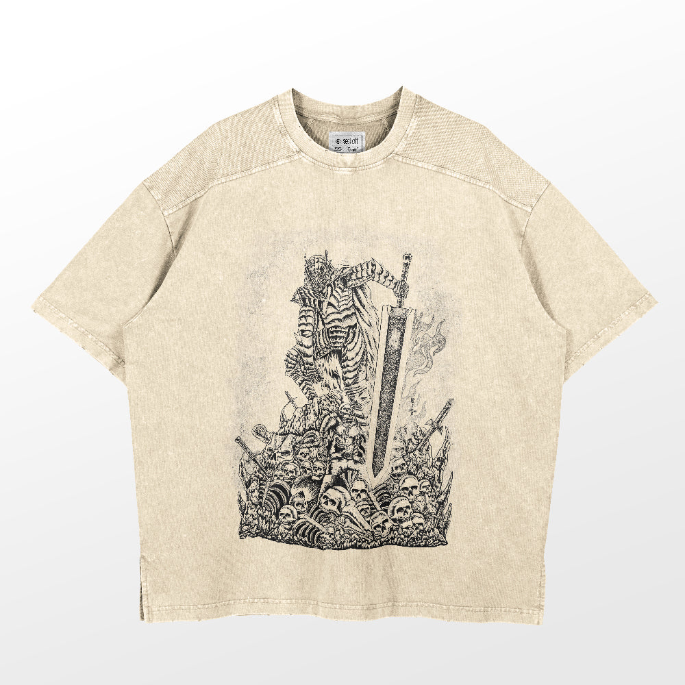 The Berserk Armor Washed Vintage T-Shirt by Berserk is a beige tee showcasing an intricate black illustration of a warrior with a large sword atop skulls and bones, capturing a medieval fantasy theme in vintage anime style. Made from 260 GSM high-quality cotton anime streetwear.