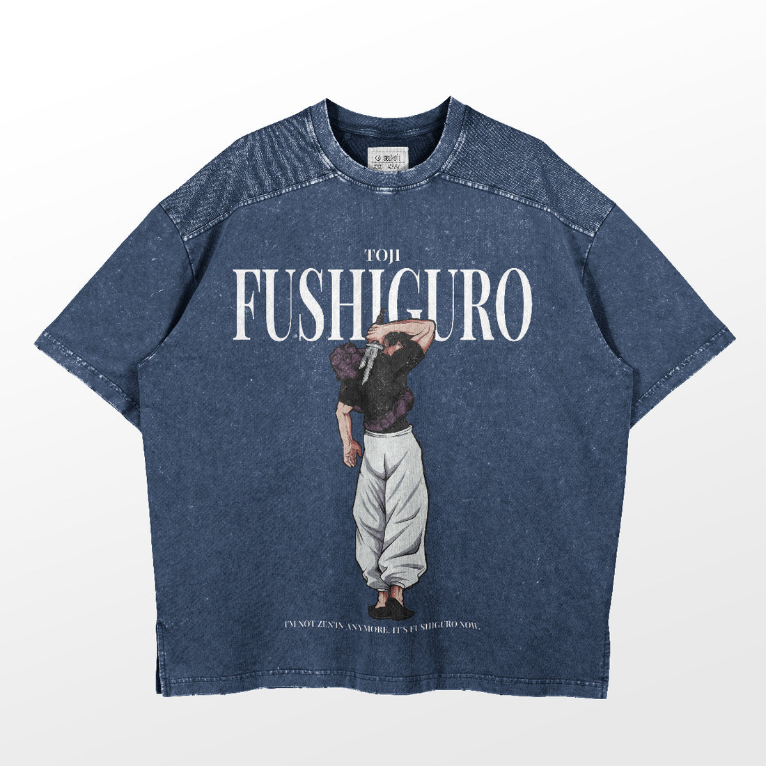 The Jujutsu Kaisen Toji Fushiguro Vintage Oversized T-Shirt in distressed black is a streetwear piece featuring a design of someone in baggy pants, sideways with a hand on their shoulder. It includes &quot;Fushiguro&quot; and a related quote, capturing the essence of Jujutsu Kaisen.