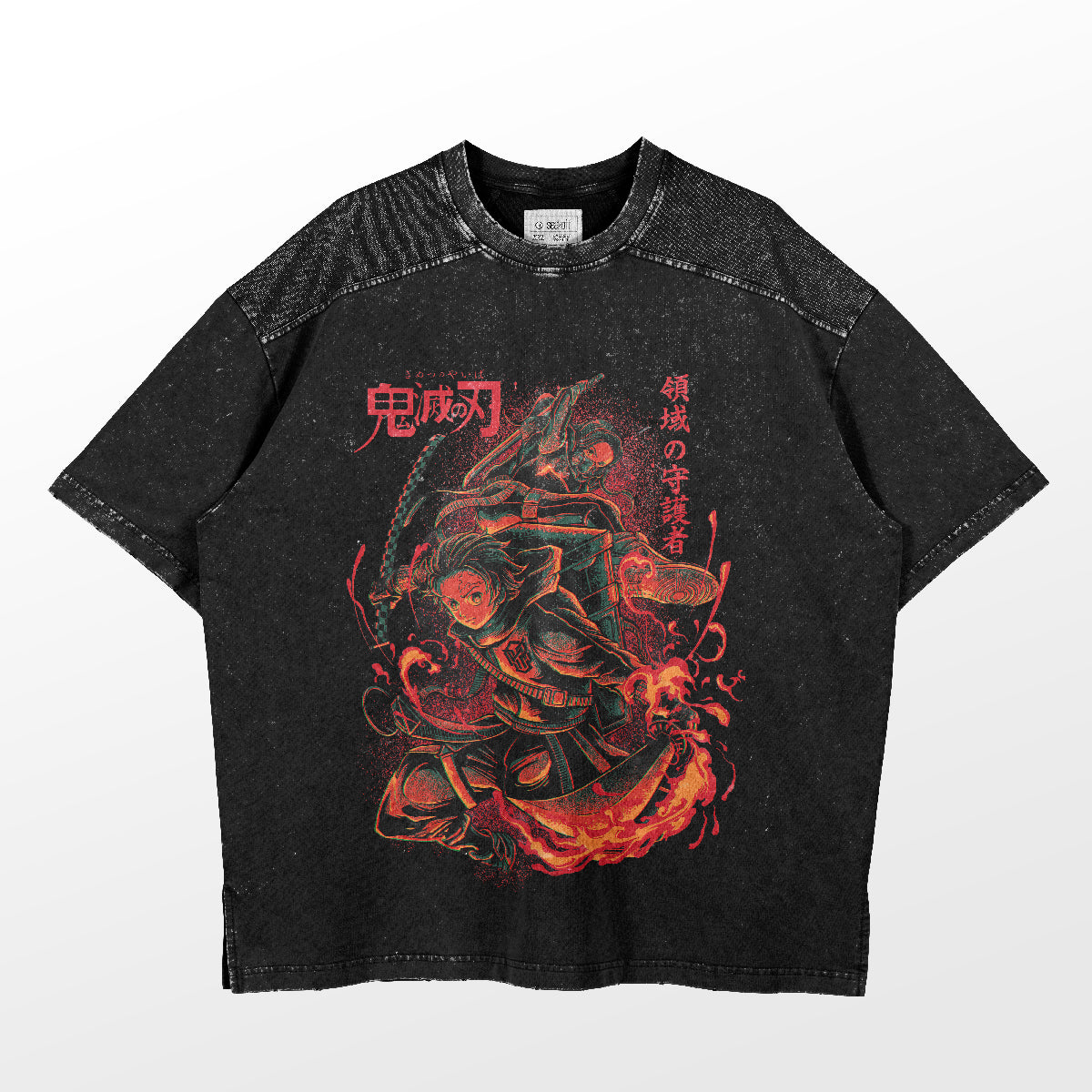 The black Tanjiro and Nezuko Fiery Guardians T-Shirt by Demon Slayer is essential for fans, featuring an illustrated warrior with a sword amid red flames. Japanese characters adorn the front, while speckled texture enhances the shoulder area.