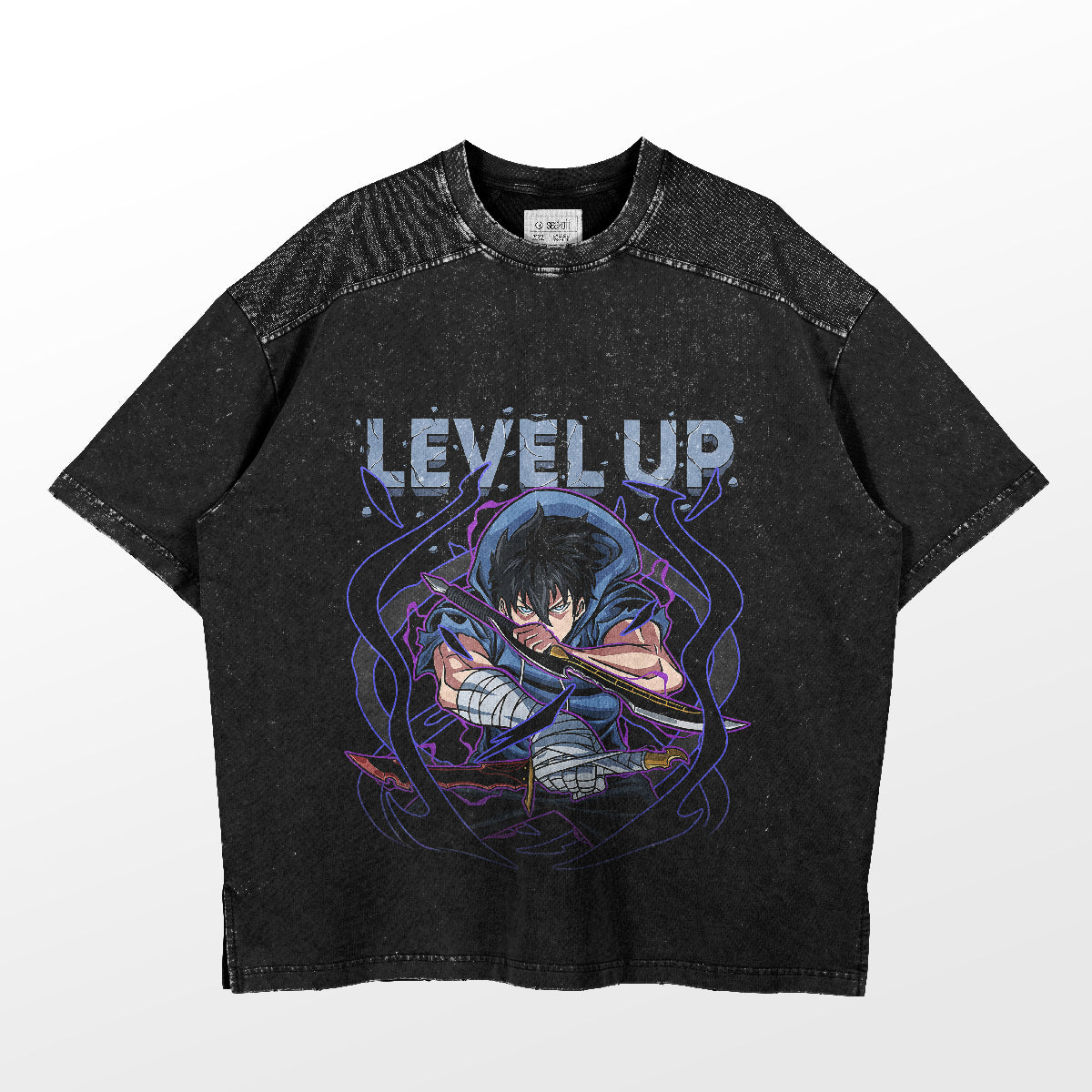 A washed black oversized T-shirt featuring a Sung Jinwoo shadow energy design from Solo Leveling, with the text &quot;LEVEL UP,&quot; embodies anime streetwear.